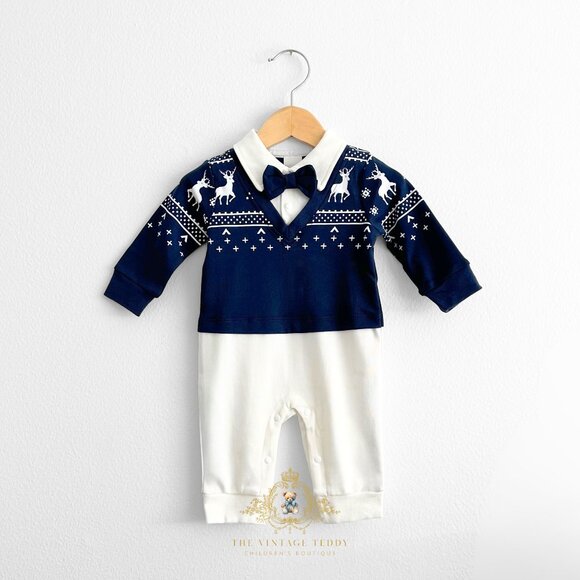 NWT Cute Baby Boys One-piece Bodysuits Romper Reindeers & Snowflakes Navy 0-3M - Picture 1 of 3